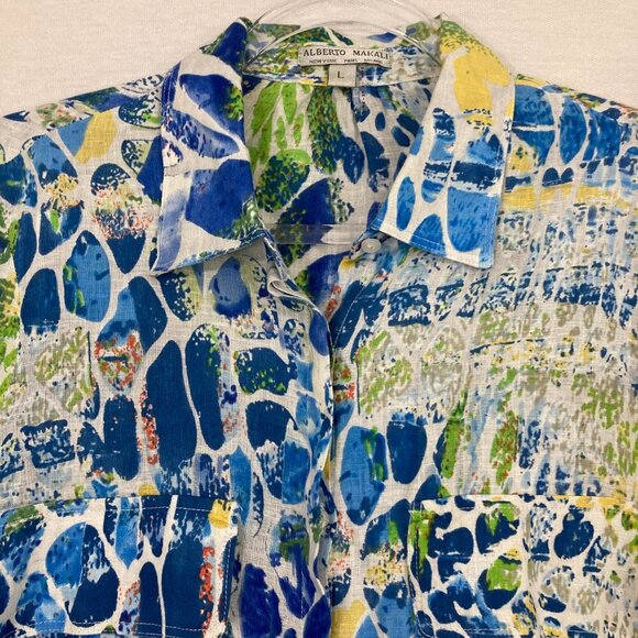 Alberto Makali Blue Green Abstract Artsy 100% Linen Button Down Large Resort - Picture 3 of 10